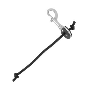 Close-up of a Dive Rite Bungee Slider with a stainless steel bolt snap and adjustable black cord